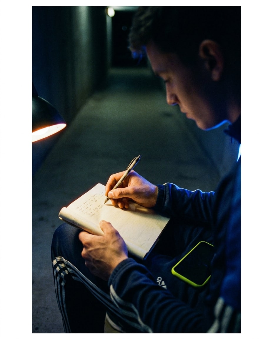 Black-and-white editorial photograph of a songwriter writing lyrics by hand, part of the culture NILAgent is built for