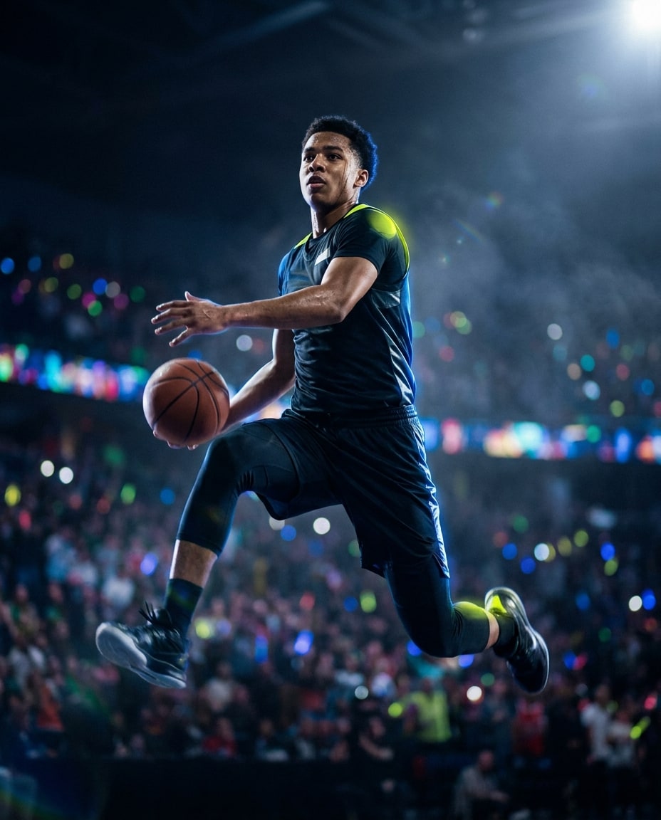 Black-and-white editorial photograph of an athlete performing on stage, part of the culture NILAgent is built for
