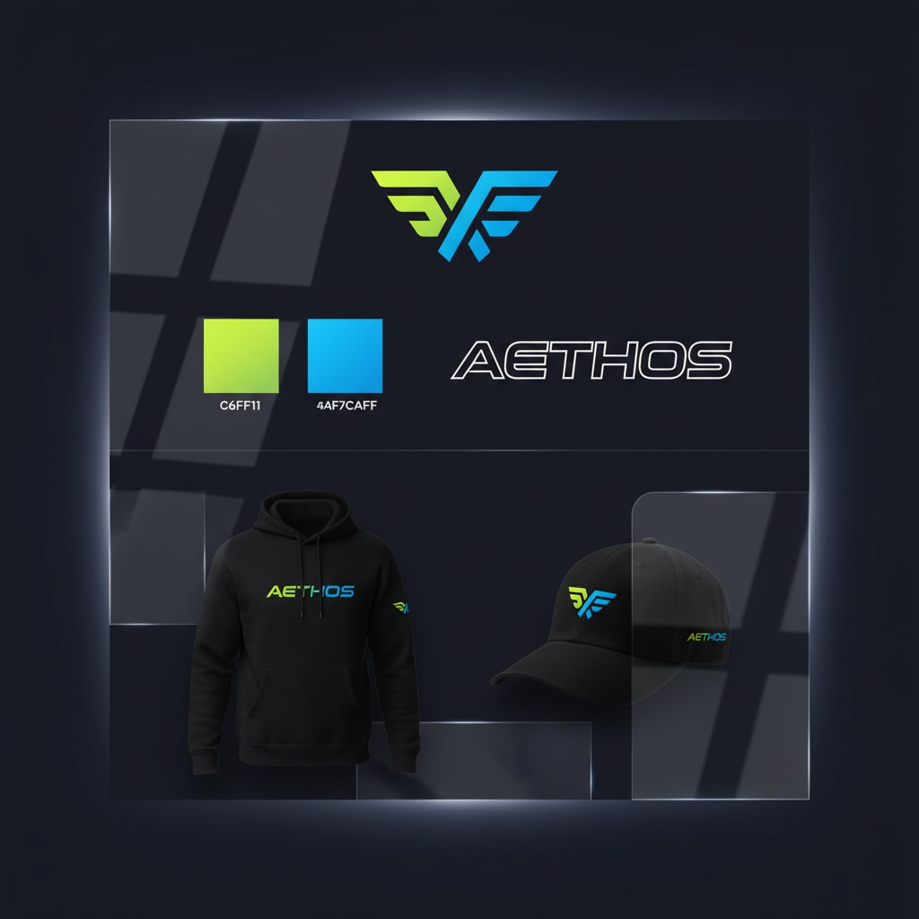 Athlete personal-brand identity board on deep ink navy: custom monogram, volt-lime and electric-blue palette swatches, wordmark, and merch mockups arranged as a modern brand-guideline sheet.