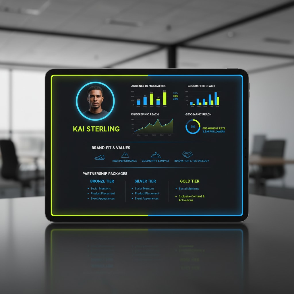 Polished one-page athlete sponsorship media kit on screen: headshot, audience and engagement charts, brand-fit section and partnership packages on a dark premium layout with volt-lime and electric-blue accents.