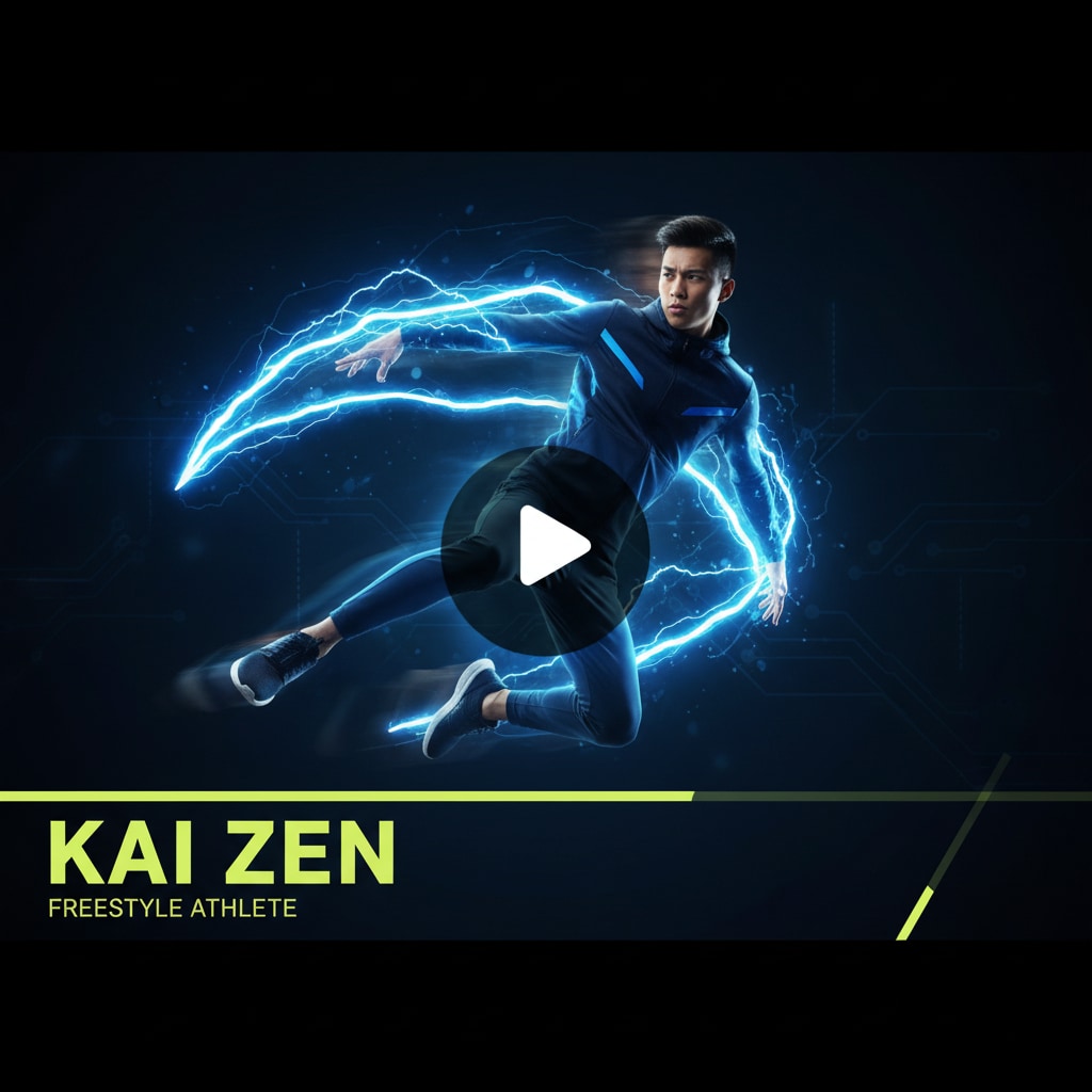Cinematic sizzle-reel frame of a young athlete mid-action with bold volt-lime lower-third graphics, play button overlay, motion blur and neon accents on a dark background.