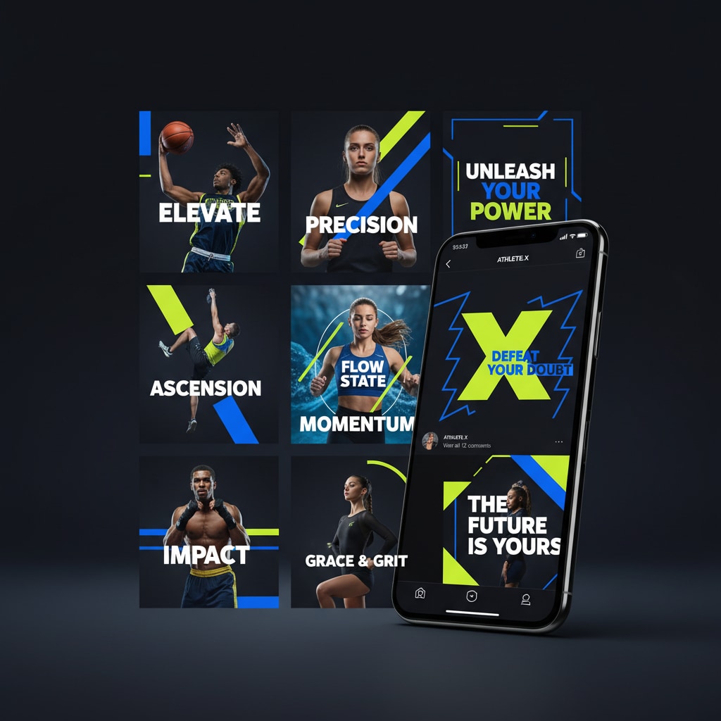 Athlete social campaign grid: nine on-brand posts sharing one visual identity, with a phone mockup previewing a post full-screen.