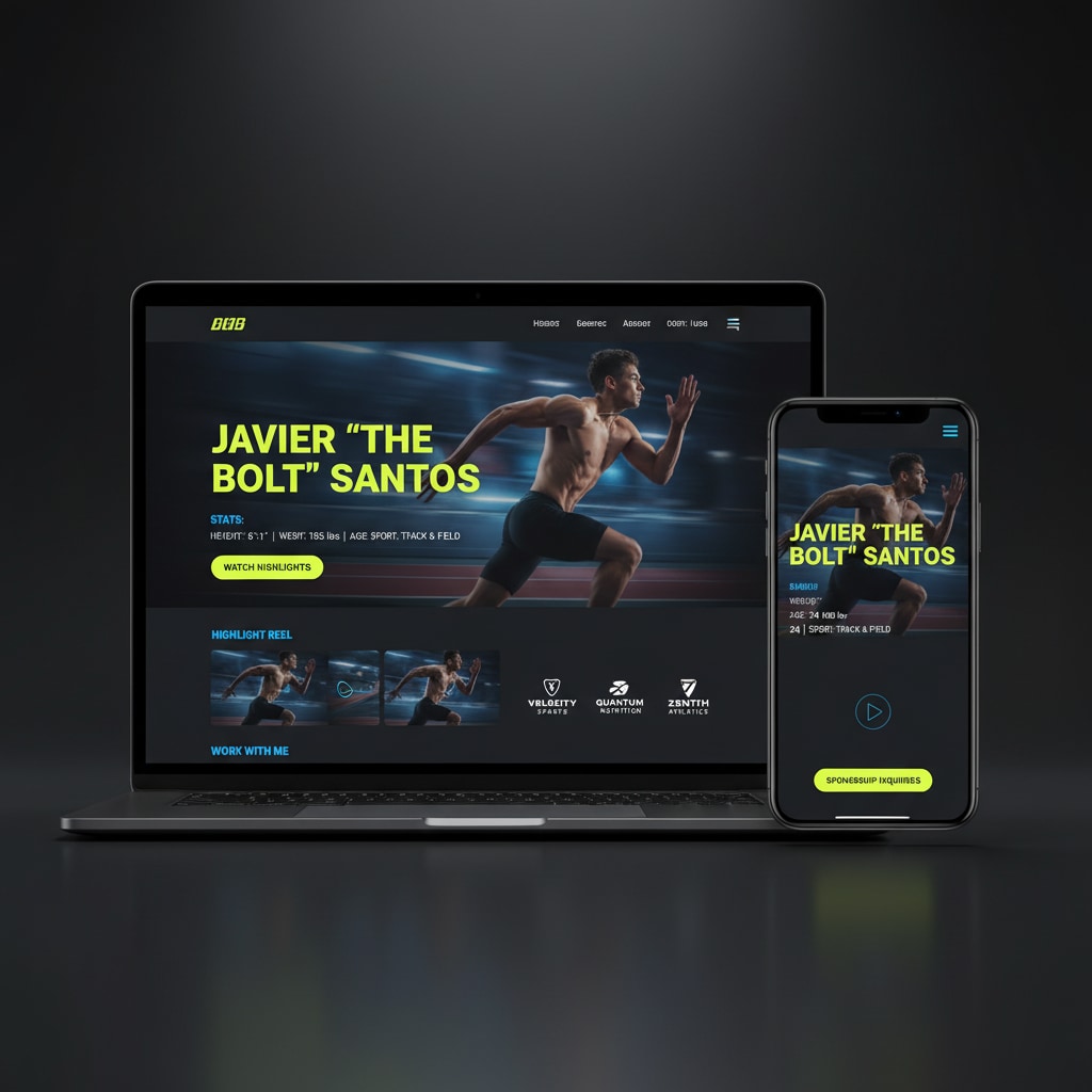 Athlete personal website mockup on laptop and phone, dark premium UI with volt-lime and electric-blue accents — hero photo, stats, highlight reel, and sponsor section.