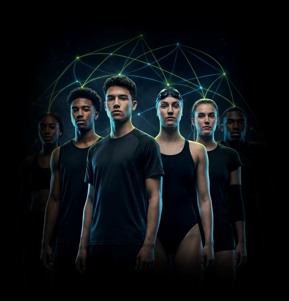 Seven athletes from different sports standing together, connected by a volt-lime and electric-blue node graph arcing overhead.
